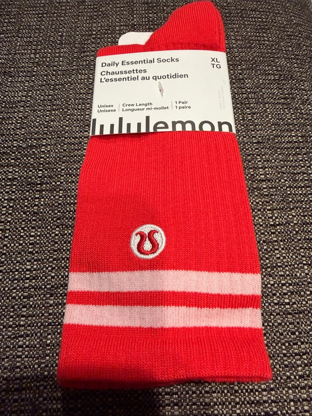 Lululemon Daily Essential Crew Socks - Red with Pink Stripes